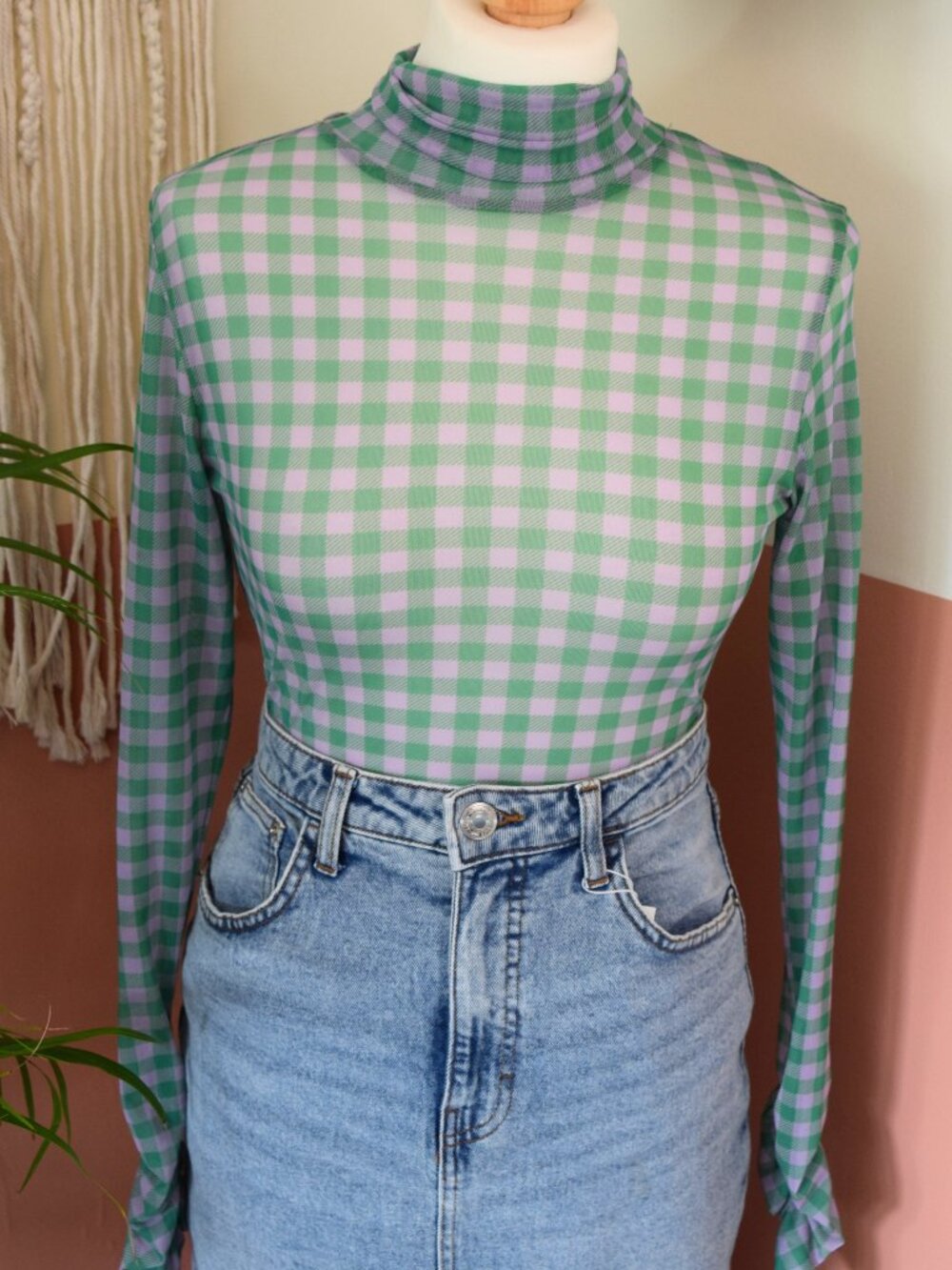 Green Purple Gingham Mesh Turtleneck Top XS Y2K